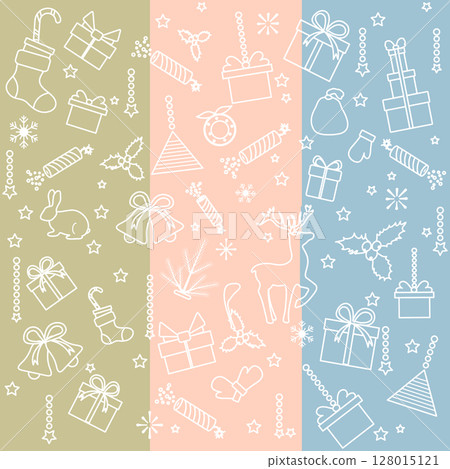 Christmas seamless pattern with gifts, stockings, holly, bells, and reindeer on colorful stripes 128015121