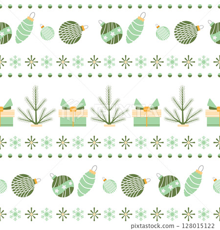 Christmas pattern with ornaments, gifts, snowflakes, and pine branches on white background Christmas pattern with ornaments, gifts, snowflakes, and pine branches on white background 128015122