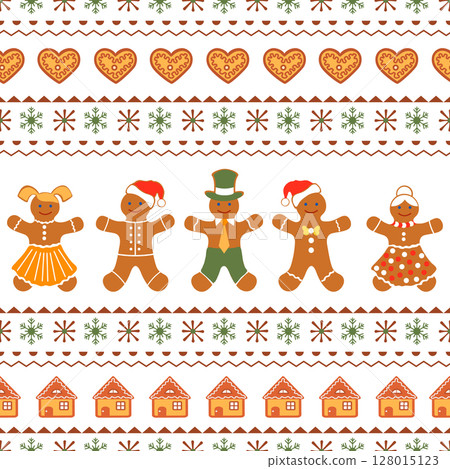 Christmas gingerbread people and patterns with festive decorations for holiday background Christmas gingerbread people and patterns with festive decorations for holiday background 128015123