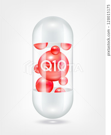 Vitamin coenzyme Q10 inside capsule pill transparent white. Health care beauty enhancement neutralize free radicals. Used for nutrition products food template design. 3D Realistic Vector EPS10. Vitamin coenzyme Q10 inside capsule pill transparent white. Health care beauty enhancement neutralize free radicals. Used for nutrition products food template design. 3D Realistic Vector EPS10. 128015175
