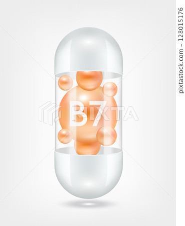 Vitamin B7 orange inside capsule pill transparent white. Health care beauty enhancement neutralize free radicals. Used for nutrition products food template design. 3D Realistic Vector EPS10. Vitamin B7 orange inside capsule pill transparent white. Health care beauty enhancement neutralize free radicals. Used for nutrition products food template design. 3D Realistic Vector EPS10. 128015176