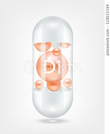 Vitamin D1 orange inside capsule pill transparent white. Health care beauty enhancement neutralize free radicals. Used for nutrition products food template design. 3D Realistic Vector EPS10. 128015184