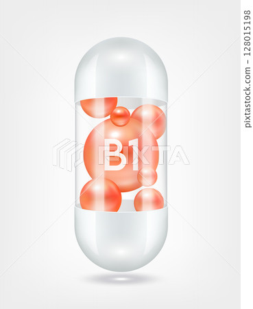 Vitamin B1 orange inside capsule pill transparent white. Health care beauty enhancement neutralize free radicals. Used for nutrition products food template design. 3D Realistic Vector EPS10. 128015198