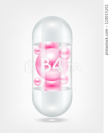 Vitamin B4 pink inside capsule pill transparent white. Health care beauty enhancement neutralize free radicals. Used for nutrition products food template design. 3D Realistic Vector EPS10. Vitamin B4 pink inside capsule pill transparent white. Health care beauty enhancement neutralize free radicals. Used for nutrition products food template design. 3D Realistic Vector EPS10. 128015201