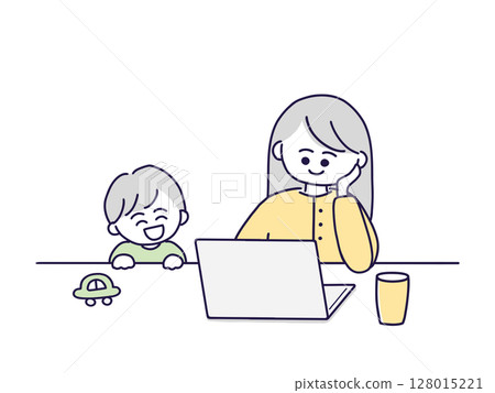 一位婦女一邊工作一邊和孩子說話 一位婦女一邊工作一邊和孩子說話 128015221