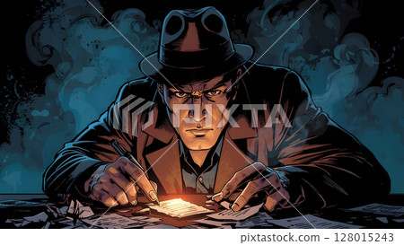 Retro Cartoon Style comic panel showing a detective solving a mystery with dramatic lighting and shadows 128015243