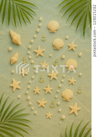 Girly designs of shells, starfish, and anchors on the beach Girly designs of shells, starfish, and anchors on the beach 128015282