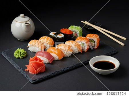 Assorted sushi rolls and nigiri on black plate with wasabi, ginger, soy sauce, chopsticks, teapot Assorted sushi rolls and nigiri on black plate with wasabi, ginger, soy sauce, chopsticks, teapot 128015324
