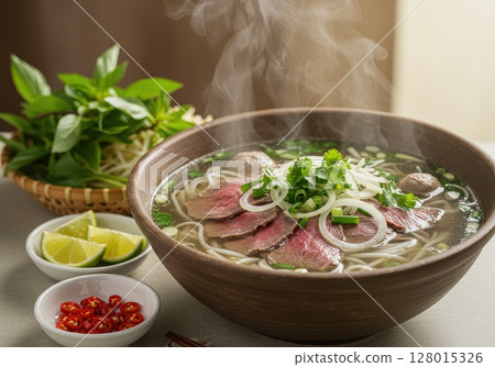 Bowl of steaming beef pho noodle soup with sliced meat, onion, herbs, sprouts, lime, chili 128015326