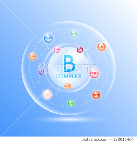 Vitamin B complex minerals. Multivitamins capsules isolated on blue background vector. Dietary supplement for pharmacy advertisement, vitamins package design. Science medic concept. 128015404