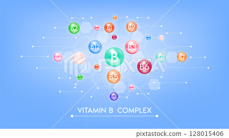 Vitamin B complex minerals. Multivitamins capsules isolated on blue background vector. Dietary supplement for pharmacy advertisement, vitamins package design. Science medic concept. 128015406