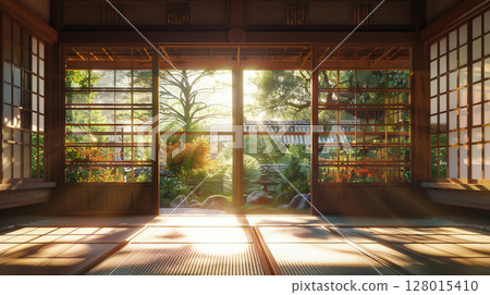 清晨的陽光透過日式房間和美麗的日式花園照射進來 128015410