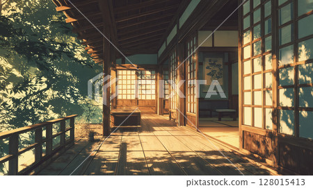 傍晚的光線和透過樹木的陽光籠罩著日本房屋的陽台 128015413