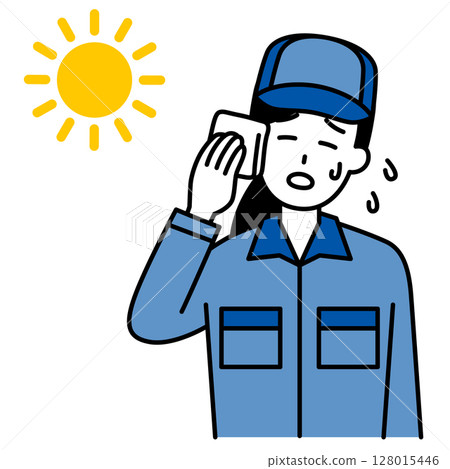 A woman in overalls suffering from heatstroke A woman in overalls suffering from heatstroke 128015446