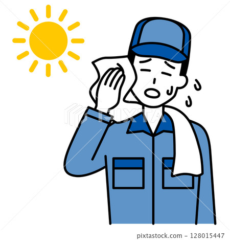 A man in overalls suffering from heatstroke A man in overalls suffering from heatstroke 128015447