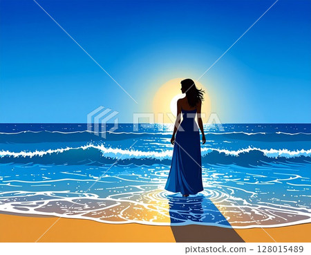 一位婦女站在海灘上，欣賞日落的背影 128015489
