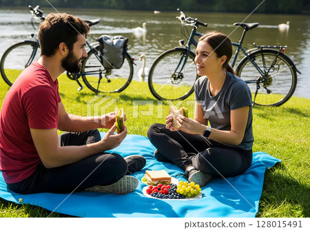 Couple enjoys picnic during bike tour 128015491