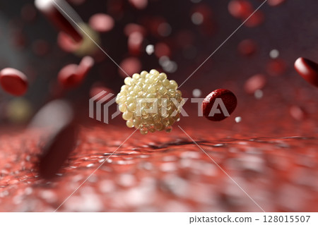 健康血流 外泌體和營養物質流經血管的 CG 影像 128015507