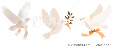 Three beautiful white doves in flight carrying olive branches as symbols of peace and freedom in a natural setting 128015638