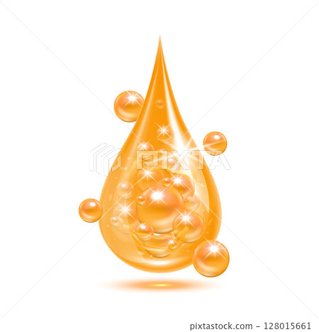 Vitamin collagen serum or essence drop isolated on white background. Solution complex orange shining with bubbles. Beauty treatment nutrition skin care design. Medical scientific concepts. 3D vector. 128015661