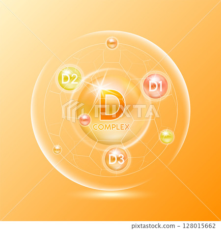 Vitamin D complex minerals. Multivitamins capsules isolated on orange background vector. Dietary supplement for pharmacy advertisement, vitamins package design. Science medic concept. Vitamin D complex minerals. Multivitamins capsules isolated on orange background vector. Dietary supplement for pharmacy advertisement, vitamins package design. Science medic concept. 128015662