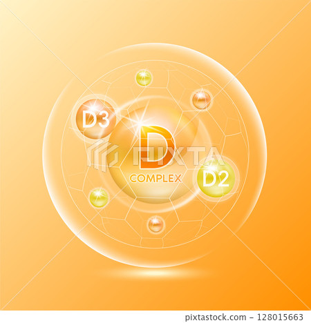 Vitamin D complex minerals. Multivitamins capsules isolated on orange background vector. Dietary supplement for pharmacy advertisement, vitamins package design. Science medic concept. Vitamin D complex minerals. Multivitamins capsules isolated on orange background vector. Dietary supplement for pharmacy advertisement, vitamins package design. Science medic concept. 128015663