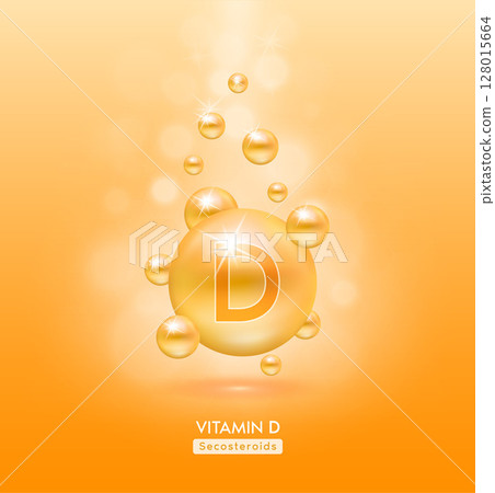 Vitamin D orange ball fall to ground. Serum vitamins complex with chemical formula. Beauty treatment nutrition skin care design. Medical and scientific concepts. 3D Realistic Vector EPS10. Vitamin D orange ball fall to ground. Serum vitamins complex with chemical formula. Beauty treatment nutrition skin care design. Medical and scientific concepts. 3D Realistic Vector EPS10. 128015664
