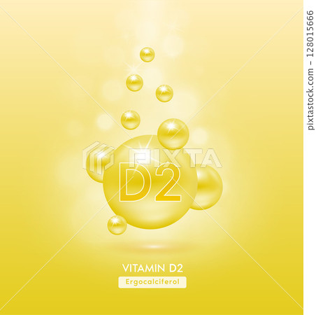 VitaminD2 yellow ball fall to ground. Serum vitamins complex with chemical formula. Beauty treatment nutrition skin care design. Medical and scientific concepts. 3D Realistic Vector EPS10. 128015666
