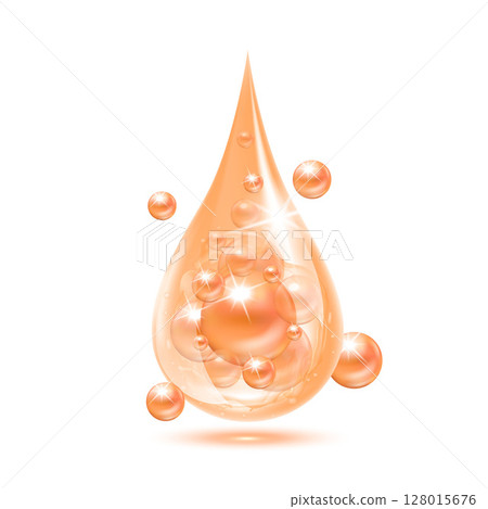 Vitamin collagen serum or essence drop isolated on white background. Solution complex orange shining with bubbles. Beauty treatment nutrition skin care design. Medical scientific concepts. 3D vector. 128015676