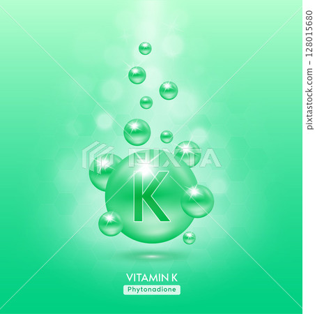 Vitamin K green ball fall to ground. Serum vitamins complex with chemical formula. Beauty treatment nutrition skin care design. Medical and scientific concepts. 3D Realistic Vector EPS10. 128015680