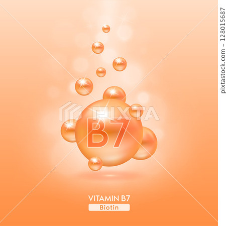 Vitamin B7 orange ball fall to ground. Serum vitamins complex with chemical formula. Beauty treatment nutrition skin care design. Medical and scientific concepts. 3D Realistic Vector EPS10. Vitamin B7 orange ball fall to ground. Serum vitamins complex with chemical formula. Beauty treatment nutrition skin care design. Medical and scientific concepts. 3D Realistic Vector EPS10. 128015687