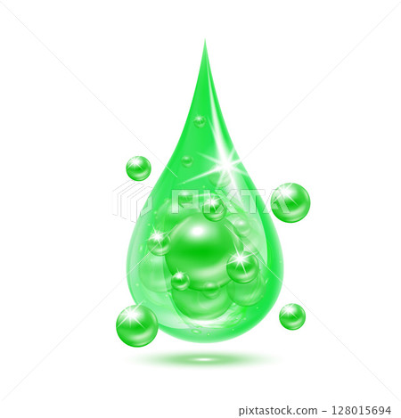 Vitamin collagen serum or essence drop isolated on white background. Solution complex green shining with bubbles. Beauty treatment nutrition skin care design. Medical scientific concepts. 3D vector. 128015694