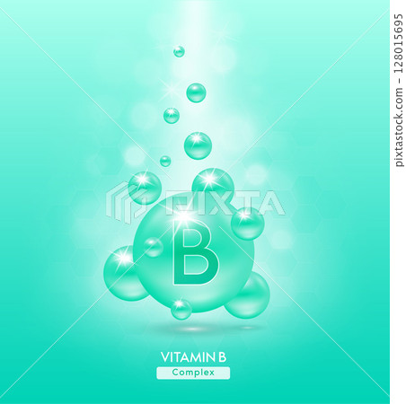 Vitamin B green ball fall to ground. Serum vitamins complex with chemical formula. Beauty treatment nutrition skin care design. Medical and scientific concepts. 3D Realistic Vector EPS10. 128015695