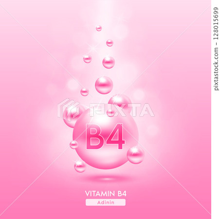 Vitamin B4 pink ball fall to ground. Serum vitamins complex with chemical formula. Beauty treatment nutrition skin care design. Medical and scientific concepts. 3D Realistic Vector EPS10. 128015699