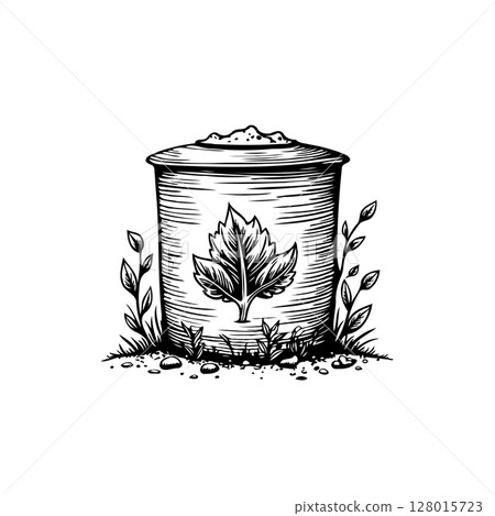 Engraved illustration of a compost bin with a leaf symbol representing recycling Engraved illustration of a compost bin with a leaf symbol representing recycling 128015723