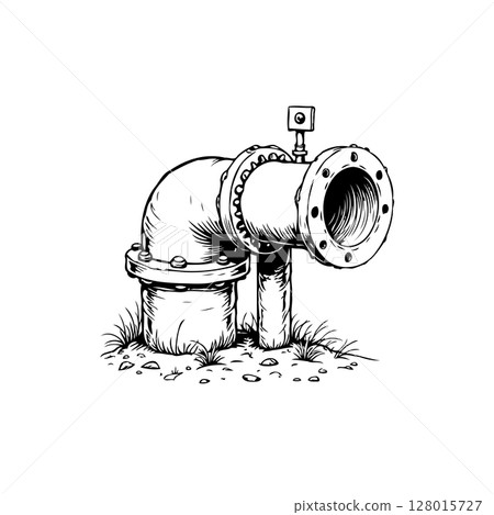 Intricate monochrome line art illustration of an industrial pipeline structure 128015727