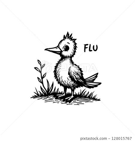 Cartoonish bird standing on grassy field, simple line drawing illustration design Cartoonish bird standing on grassy field, simple line drawing illustration design 128015767