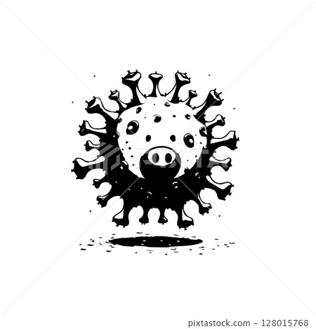 Coronavirus cartoon with pig snout in black and white minimal artistic illustration Coronavirus cartoon with pig snout in black and white minimal artistic illustration 128015768