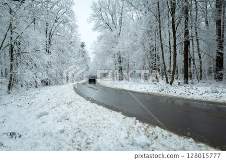 Car on a slippery road in a snow-covered forest 128015777