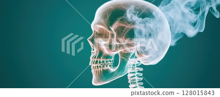 the image showcases a partially translucent depiction of a skeletal head and neck against a solid background 128015843