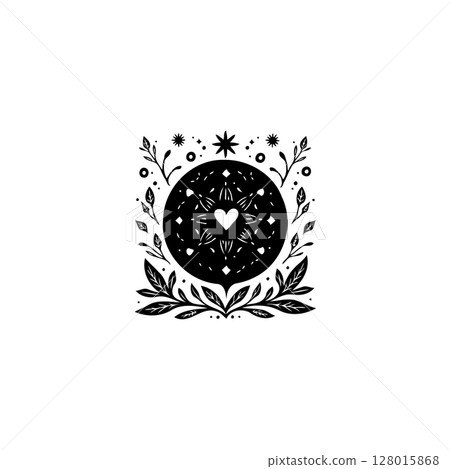 Mystical Heart: A Black and White Enchanting Illustration of Love and Nature 128015868