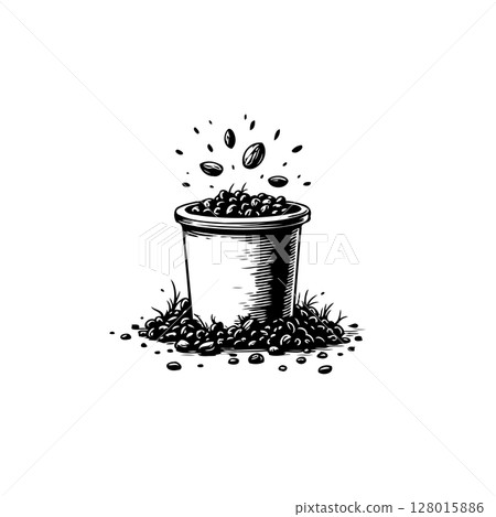 Minimalist Illustration of Coffee Beans Overflowing from a Container with White Background 128015886