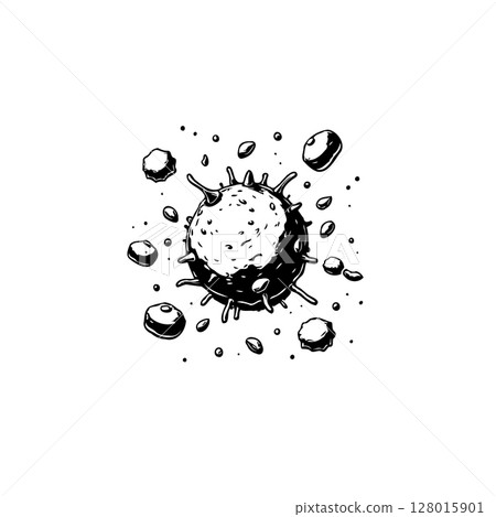 Illustration of abstract stylized virus particle with floating elements concept Illustration of abstract stylized virus particle with floating elements concept 128015901
