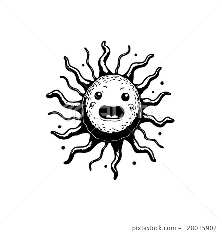 Whimsical Sun Illustration with Surprised Expression and Abstract Tentacles Design 128015902