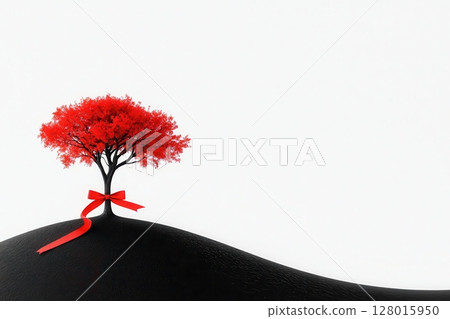 a tree with vibrant red leaves stands on a rolling black hill against a bright white background 128015950
