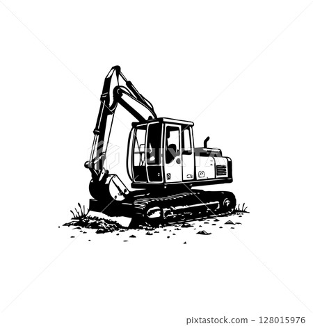 Detailed monochrome line drawing of an excavator equipment for building works Detailed monochrome line drawing of an excavator equipment for building works 128015976