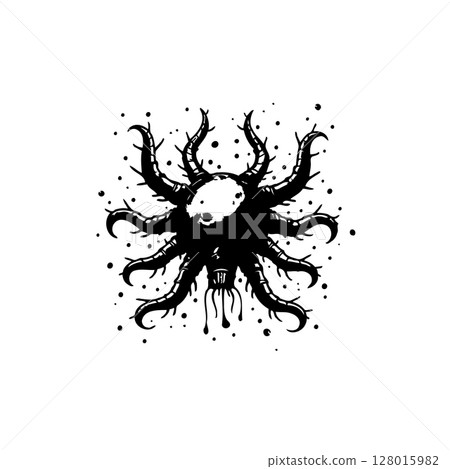 Mystical horror illustration, sinister creature with tentacles and skull face, dark graphic Mystical horror illustration, sinister creature with tentacles and skull face, dark graphic 128015982