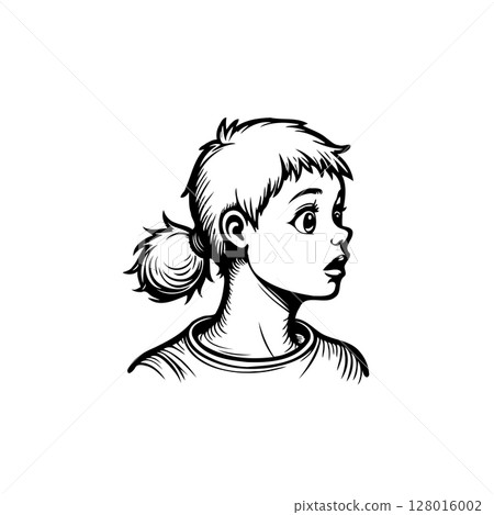 Monochrome illustration of a girl with a ponytail looking to the side in surprise Monochrome illustration of a girl with a ponytail looking to the side in surprise 128016002