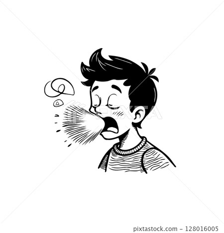 Cartoon illustration of a boy sneezing, showing symptoms of illness or allergy Cartoon illustration of a boy sneezing, showing symptoms of illness or allergy 128016005