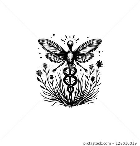 Mystical Butterfly Serpent Emblem: Nature's Transformation and Healing Symbolism Art 128016019